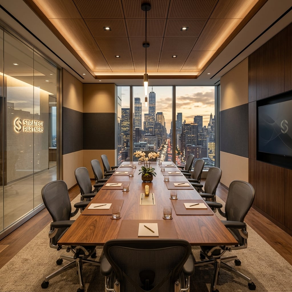 A meeting room set up for a client consultation